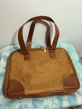 Brown Suede & Croc-Trim Laptop Tote Bag
